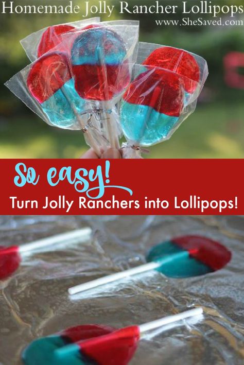 It's SO easy to make these Jolly Rancher Lollipops! All that you need are sucker sticks and jolly ranchers, such a fun treat! ~ from SheSaved.com Blue Jolly Ranchers, Candy Cabobs, Fourth Of July Candy, Jolly Rancher Lollipops, 4th Of July Fun, Holiday Boards, Patriotic Activities, Jolly Ranchers Candy, Key Lime Pie Easy