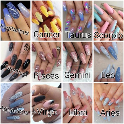 Zodiac Sign Nails, Zodiac Nails Designs, Aquarius Nails Designs, Zodiac Nails, Zodiac Nail Designs, Nail Art Zodiac Signs, December Nails, Brown Acrylic Nails, Zodiac Signs Chart