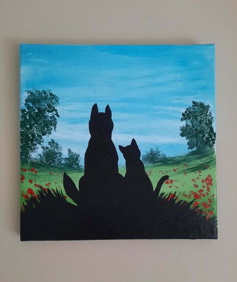 Cat And Dog Painting Easy, Set Of 2 Canvas Painting Ideas, Dog Silhouette Painting, Cat Silhouette Painting, Box Canvas Painting, Dog And Cat Silhouette, Dog Spray, Cat Shadow, Dog Window