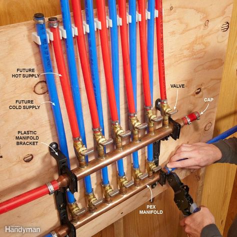 No. You can install PEX just like you would other pipe, with main lines and branches to each fixture. But you lose a lot of the benefits of PEX with this system since it requires so many fittings. With the home-run system, you install a manifold in the utility room or some area that’s close to the main water line and water heater, and run a separate PEX tube to each fixture as shown above. This system uses more tubing but is fast and only requires two connections: one at the manifold and ano... Pex Manifold, House Plumbing, Pex Plumbing, Pex Tubing, Pex Pipe, Plumbing Installation, Diy Plumbing, Casa Container, Plumbing Pipe