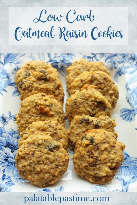 Low-Carb Oatmeal Raisin Cookies uses several  low carb and  low  sugar ingredients to make a healthier cookie treat. Keto Oatmeal Raisin Cookies Low Carb, Low Sugar Oatmeal Raisin Cookies, Keto Oatmeal Raisin Cookies, Keto Oatmeal Cookies, Carbquik Recipes, Low Carb Oatmeal, Banana Bread Baked Oatmeal, Raisin Cookie Recipe, Oatmeal No Bake Cookies