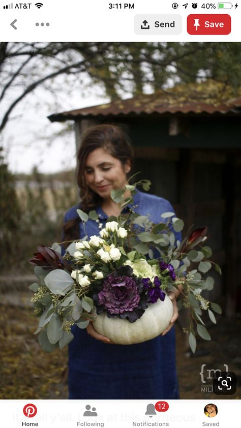 Small Pumpkin Arrangements, Flower Arrangements With Pumpkins, White Pumpkin Arrangements, Fall Pumpkin Porch Decor, Pumpkin Flowers Centerpiece, Pumpkins With Flowers In Them, Lazy Susan Wedding Centerpieces, Planted Centerpieces, Fall Fresh Flower Arrangements