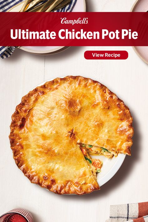 Turn leftover chicken into the ultimate comfort food for Pi Day. Our Condensed Cream of Chicken soup adds perfect flavor and the creamiest texture. Just stir in chicken, veggies and some cheese of course! Using a double crust is what makes this the Ultimate Pot Pie, giving you extra crust to soak up the luscious sauce. Make this Ultimate Chicken Pot Pie recipe as a family favorite for Pi Day. Campbells Chicken Pot Pie, Campbells Soup Recipes, Campbells Recipes, Homemade Chicken Pot Pie, Chicken Pot Pie Recipe, Pot Pie Filling, Vegetable Pie, Pot Pie Recipe, Easy Chicken Pot Pie