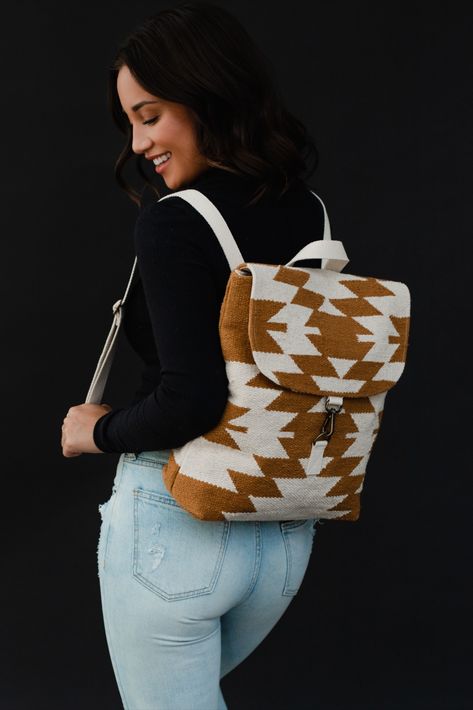 You'll be ready for your everyday outings with our newest backpack collection! This light brown and cream Aztec inspired backpack is just what you need for an upcoming vacation, or for running errands. Western Backpack, Flannel Sweatshirt, Knit Jewelry, Everyday Backpack, Dangle Necklaces, Boho Bag, Aztec Print, Backpack Purse, Womens Backpack