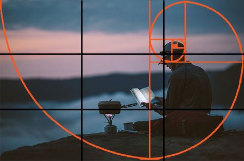 A photographer sitting on rocks in low light, with both the golden ratio and rule of thirds grid overlayed Golden Ratio Composition, Golden Ratio Art, Rule Of Thirds Photography, Golden Ratio In Design, Rules Of Composition, Photography Rules, Composition Techniques, The Golden Ratio, Fibonacci Spiral