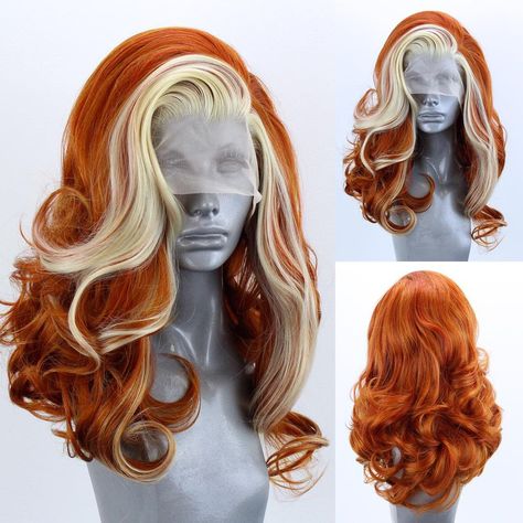 Webster Wigs on Instagram: “🔥😍 Marilyn is now live in our brand new colour “Ginger Spice”!😍🔥 She’s our Fiery Red “Fire Blend” with a Blonde front streak in 16” long…” Ginger Spice Hair Color, Small Blonde Highlights, Blonde Front Streak, Ginger Spice Hair, Fire Red Hair, Webster Wigs, Long Loose Curls, Ginger Hair Color, Ginger Spice