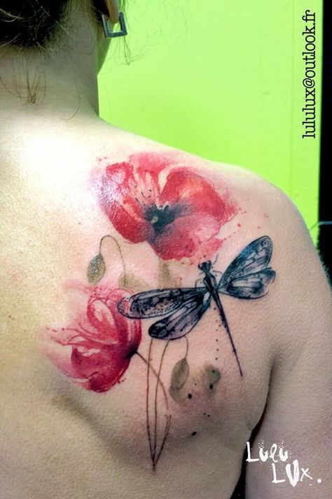 Klaim street poppy with dragonfly Dragonfly And Poppy Tattoo, Dragonfly Tattoo Ideas, Watercolor Poppy Tattoo, Stammestattoo Designs, Dragonfly Tattoos, Small Dragonfly Tattoo, Puzzle Tattoos, Tattoo Guide, Poppy Tattoo