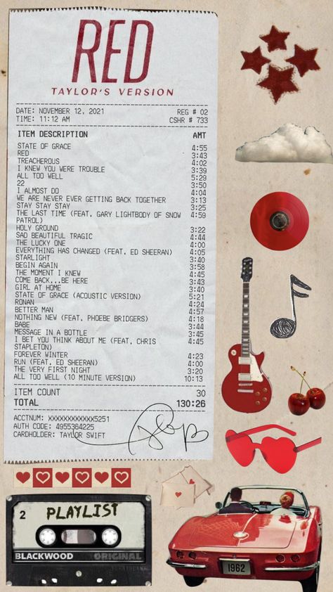 red by taylor swift Red Taylors Version Receipt, Taylor Swift Red Phone Case, Taylor Swift Red Art, Taylor Swift Phone Case Stickers, Taylor Red Era, Taylor Swift Wallpaper Red, Red Taylor Swift Wallpaper, Taylor Swift Songs List, Taylor Swift Calendar