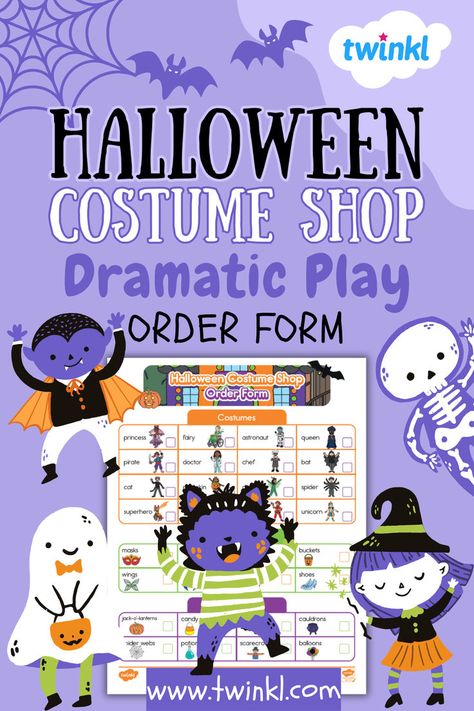 Use Twinkl's Halloween Dramatic Play Order Form to build print awareness and writing skills in your classroom dramatic play area. Featuring words and pictures, it's perfect for early childhood and pre-readers. Using this colorful, easy-to-understand order form, children will check off the items they want to order at the costume shop. Costume Shop Dramatic Play, Halloween Lesson Plans, Print Awareness, Unicorn Mask, Halloween Lesson, New Halloween Costumes, Halloween Costume Store, Dramatic Play Area, Order Form