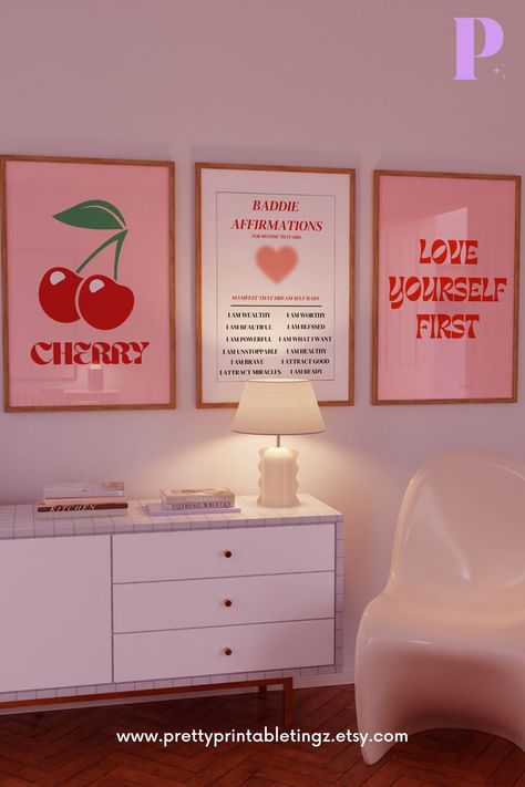 Pink Aura Poster, Baddie Affirmations, Cherry Poster, Baddie Room, Printable Wall Poster, Retro Cherry, Aura Poster, Dream Apartment Decor, Room Ideas Aesthetic