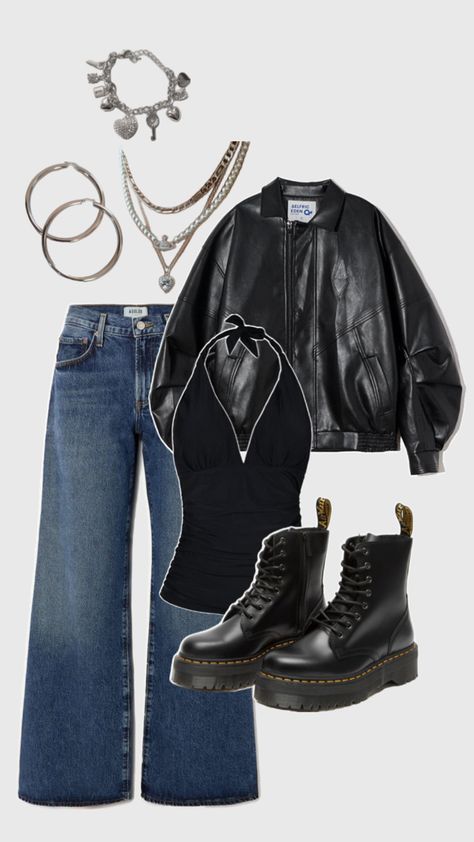 Baggy outfit inspo streetstyle alternative leather bomberjack halter top baggy blue jeans platform dr martens silver chunky jewellery ⭐️ Leather Jacket Baggy Jeans, Outfit Inspo Leather Jacket, Platform Dr Martens, Baggy Blue Jeans, Chunky Jewellery, Baggy Jeans Outfit, Baggy Tops, Chunky Jewelry, Alternative Outfits