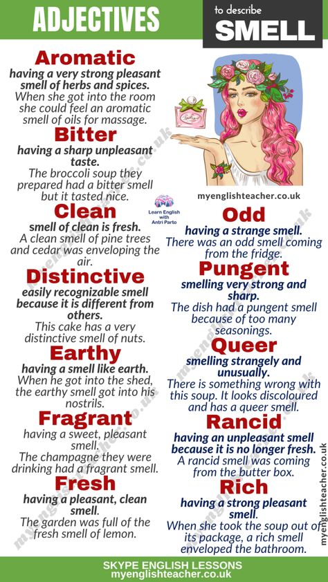 22 Adjectives to Describe Smell Words To Describe Smell, Types Of Smells Writing, Describing Smells Writing, Adjectives To Use In Essay, Advanced Adjectives, Adjectives To Describe Personality, Extreme Adjectives, Examples Of Adjectives, Commonly Misspelled Words