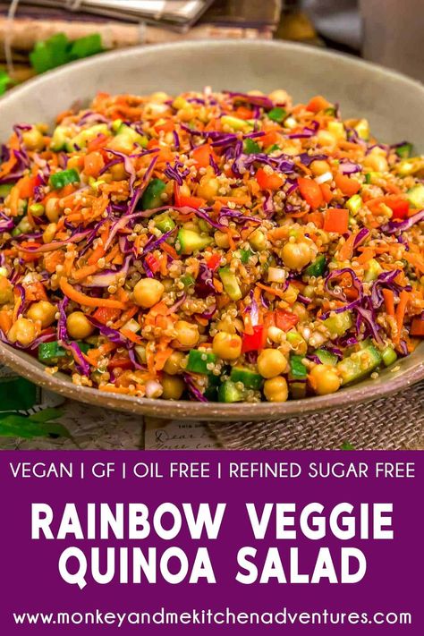 This colorful Rainbow Veggie Quinoa Salad is a delightful blend of quinoa and veggies, all tossed in a tasty Asian-inspired peanut dressing. #wholefoodplantbased #vegan #oilfree #glutenfree #plantbased | monkeyandmekitchenadventures.com Plant Based Foods List, Vegan Salad Bowl, Veggie Quinoa Salad, Veggie Quinoa, Monkey And Me Kitchen Adventures, Vegan Quinoa Salad, Monkey And Me, Oil Free Vegan Recipes, Rainbow Salad