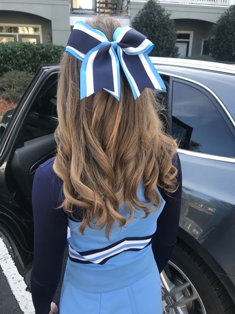 Cheer Hair And Makeup, College Cheer Hairstyles, Hairstyle For Cheerleaders, Half Up Half Down Hairstyles Cheer, Chearleder Hairstyle, Cheerleader Hair Styles, Cheer Half Up Half Down, Half Up Half Down Cheer Hair Bows, Cheer Hair Styles With Bows