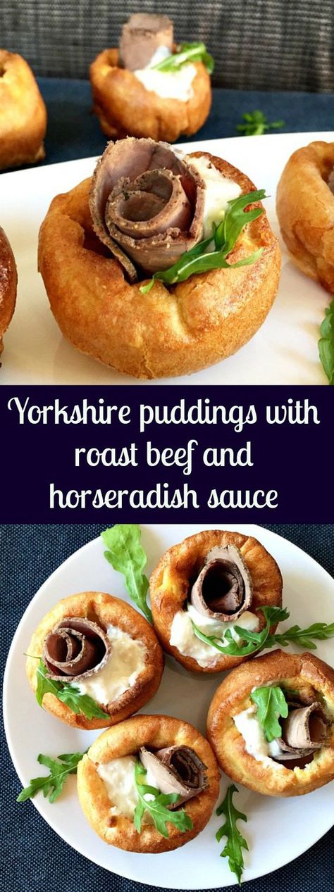 Yorkshire puddings with roast beef and horseradish sauce, a great British appetizer recipe. Perfect for any party, like Christmas, New Year or any other big celebration. Yorkshire Pudding Canapes, Mini Yorkshire Pudding, Appetizers For Party Crockpot, Beef And Horseradish, Halloween Appetizers For Party, Roast Beef And Horseradish, Halloween Fingerfood, Yorkshire Puddings, Horseradish Sauce