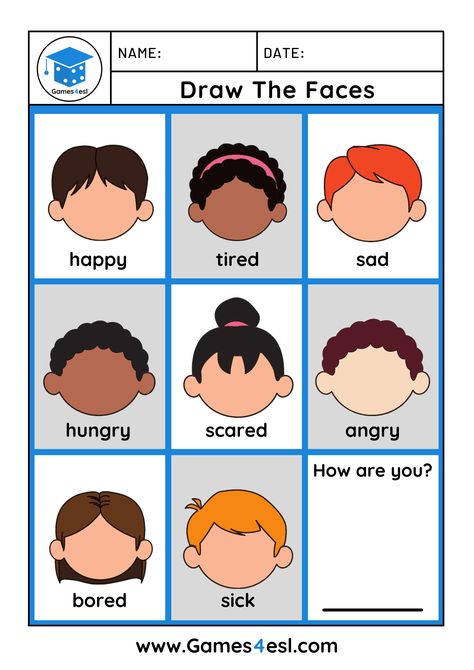 Download free printable feelings worksheets and use them in class today. On this page, you can find a collection of PDF worksheets for teaching feelings and English Class Crafts, Learning English For Kids Teaching, English Ideas Teaching, Teaching English Activities, English Kids Worksheet, English Language Teaching Activities, Learning English Activities, English Class Ideas, Classroom Language For Kids