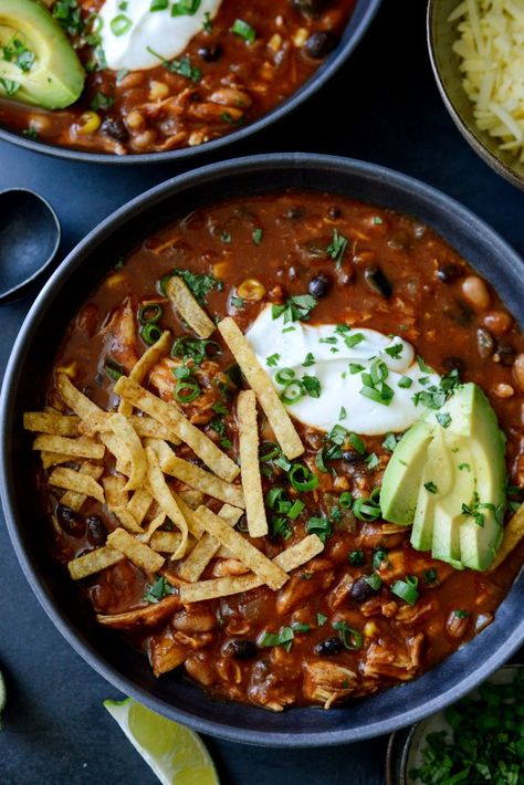 Southwest Chicken Chili - Simply Scratch Southwest Chicken Chili Recipe, Southwest Chili Recipe, Southwest Chicken Chili, Southwest Chili, Homemade Refried Beans, Chili Chili, Tortilla Strips, Chili Recipe Turkey, Southwest Chicken