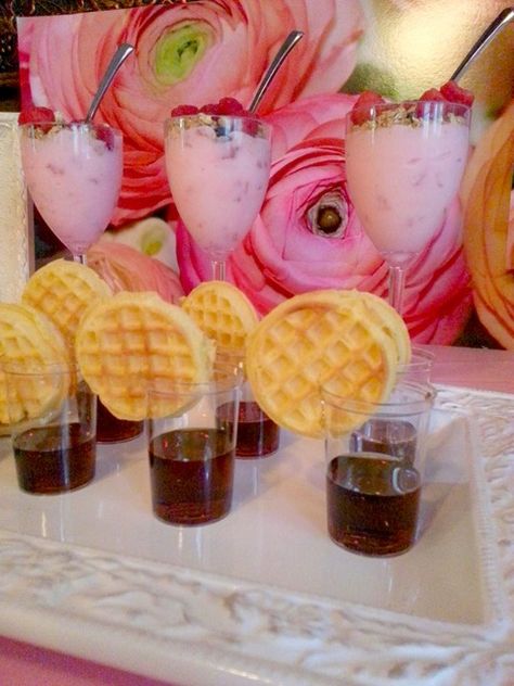 Waffles and syrup at a Shabby Chic Vintage Glam Tea Party Party!  See more party ideas at CatchMyParty.com! Adult Slumber Party, Pajama Birthday Parties, Mini Waffles, Halloween Finger Foods, Finger Foods For Kids, Birthday 11, Pancakes And Pajamas, Sleepover Birthday, Kid Snacks