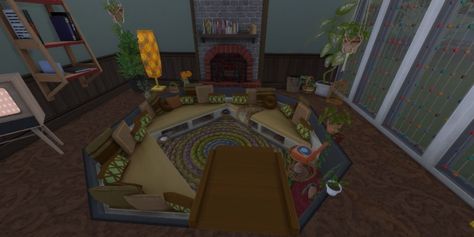 70s inspired build Sims 4 Cc Conversation Pit, 70s Home Sims 4, Sims 4 Cc Maxis Match 70s Furniture, Conversation Pit 70's, 70s Couch Pit, Conversation Pit, 70s Inspired, Sims 4, Building