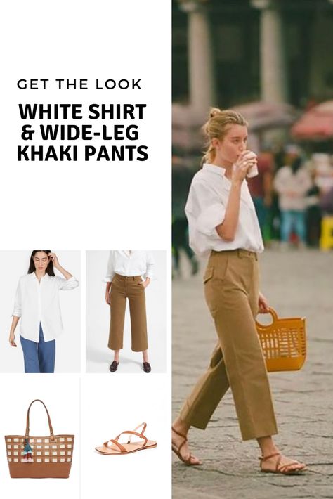 Get the look: white shirt and wide-leg khaki pants - Cheryl Shops Khaki Pants Outfit Women Casual, Khaki Pants Outfit Women, Palazzo Pants Outfit, Khaki Pants Outfit, Khakis Outfit, Outfit Sneakers, White Shirt Outfits, Leg Pants Outfit, Square Pants