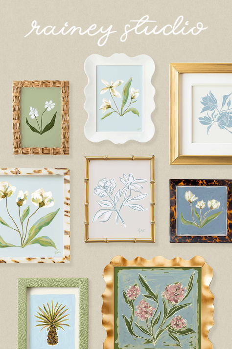 Variety of southern preppy modern frames with floral abstract art prints in soft blue, green, and pink colors. Mudroom Art, Kitchen Gallery Wall Ideas, Wall Frame Collage, Framed Embroidery Wall Art, Oyster Creek Studios, Country Core, Southern Coastal, Kitchen Gallery Wall, Gallery Wall Ideas