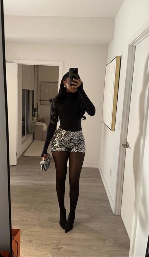 Cute Outfits Winter Going Out, New Year Night Outfit, Night Out Outfit Classy Black Women, Shorts And Tights Winter, Nye Outfit Black Women, Fur Skirt Outfit Black Women, Nye Inspo Outfit, Outfits With Tights Black Women, Classy Day Outfit