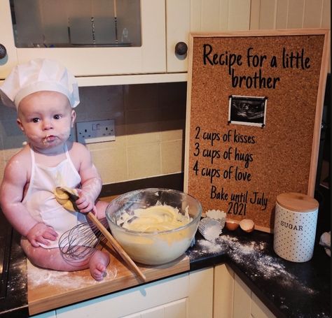 Recipe For Baby Announcement, Bun In Oven Pregnancy Announcement, Baking Announcement, Halloween Baby Announcement Sibling, Sibling Announcement Second Child, Christmas Baby Announcement Second Child, Baby Baking Photoshoot, Baking Baby Announcement, Baking Pregnancy Announcement