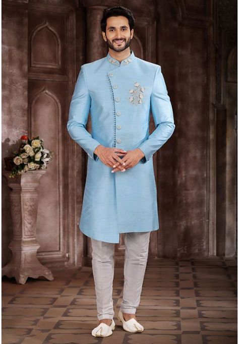 Sky Blue Art Silk Men Sherwani Blue Indo Western Dress, Western Outfits For Men, Western Dress For Men, Indo Western Dress For Men, Mens Sherwani, Sherwani For Men, Salwar Dress, Wedding Sherwani, Aqua Blue Color