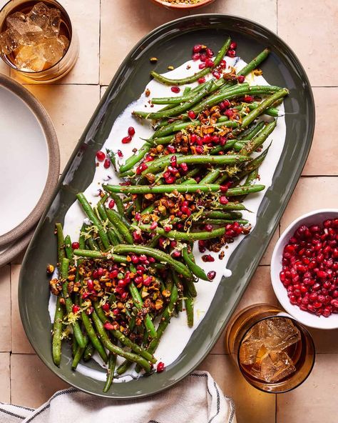 Brown Butter Green Beans with Toasted Pistachios and Lemony Whipped Feta Christmas Green Beans, Butter Green Beans, Toasted Pistachios, Granola Dessert, Traditional Green Bean Casserole, Christmas Vegetables, Green Beans Side, Green Beans Side Dish, Lemon Green Beans