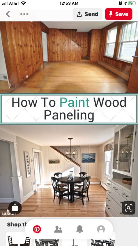 Cheap Basement Ideas, Wood Paneling Living Room, Wood Paneling Makeover, Paneling Makeover, Wooden Cladding, Chandelier Ideas, Painting Wood Paneling, Diy Dining, Paint Diy