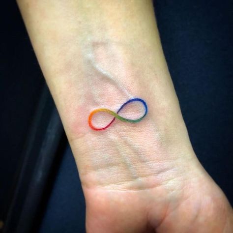 Rainbow Infinity Symbol Tattoo, Infinity Rainbow Tattoo, Tattoo Ideas September, Neurodivergent Tattoo, Infinity Tattoo For Men, Infinity Tattoo Ideas, Biology Tattoo, Rainbow Infinity Symbol, Infinity Sign Tattoo