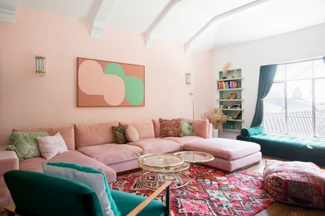 Joybird Couch, Cream Living Rooms, Pink Couch, Pink Furniture, Trending Paint Colors, Vintage Dining Room, Yellow Bedroom, Humble Abode, Living Room Colors