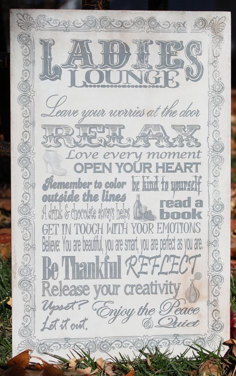 Love this for a girl's space. I wish I had my own space... Wood Ladies Lounge Sign by LizzyFishSigns on Etsy, $25.00 Diva Den Ideas, Mom Cave Ideas, Women Cave Ideas, Lounge Sign, Women Cave, Ladies Lounge, Moms Cave, Diva Den, Girl Cave