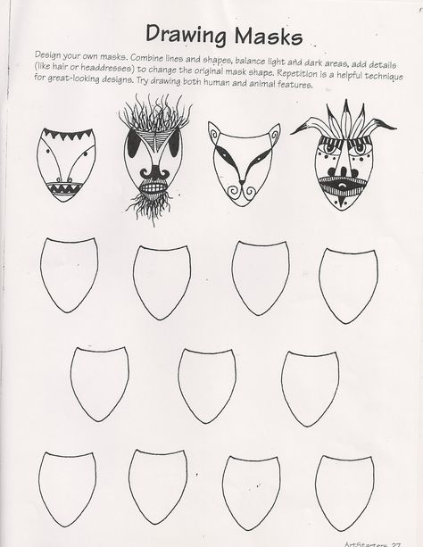 Ande Cook's Drawing Masks worksheet and Art Education Substitute Lesson Art Sub Lessons, Art Sub Plans, Art Handouts, 4th Grade Art, 5th Grade Art, 3rd Grade Art, Art Worksheets, Art Curriculum, Elementary Art Projects