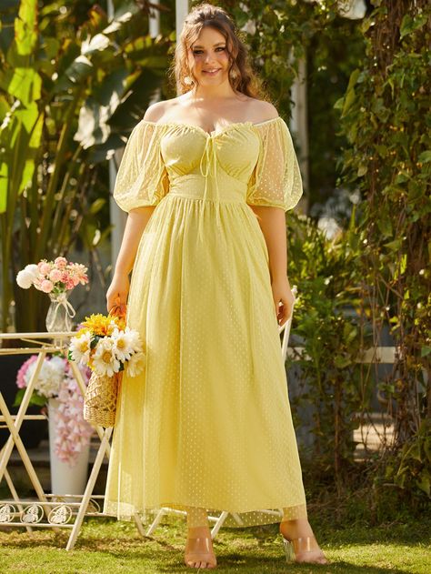 Yellow Romantic  Short Sleeve Mesh Plain A Line Embellished Non-Stretch Summer Plus Size Dresses Puff Sleeve Plus Size, Bridgerton Dresses Plus Size, Yellow Puffy Sleeve Dress, Plus Size Yellow Dress, Yellow Puff Sleeve Summer Dress, Yellow Dress Puffy Sleeves, Long Yellow Maternity Dress, Yellow Plus Size Dresses, Pale Yellow Bridesmaid Dresses