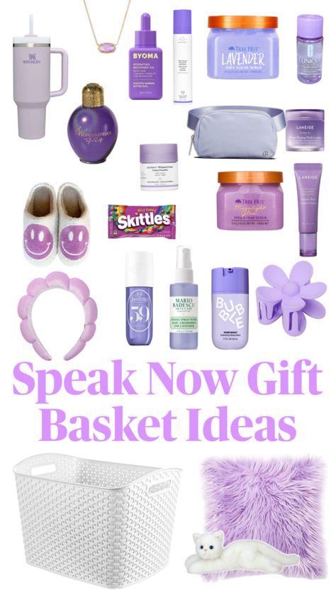 The perfect gift basket for a Swifty, who loves speak now Pinterest Gift Ideas, Perfect Gift Basket, Girly Christmas Gifts, Best Gift Baskets, Diy Best Friend Gifts, Preppy Gifts, Birthday Basket, Cute Gifts For Friends, Diy Birthday Gifts For Friends