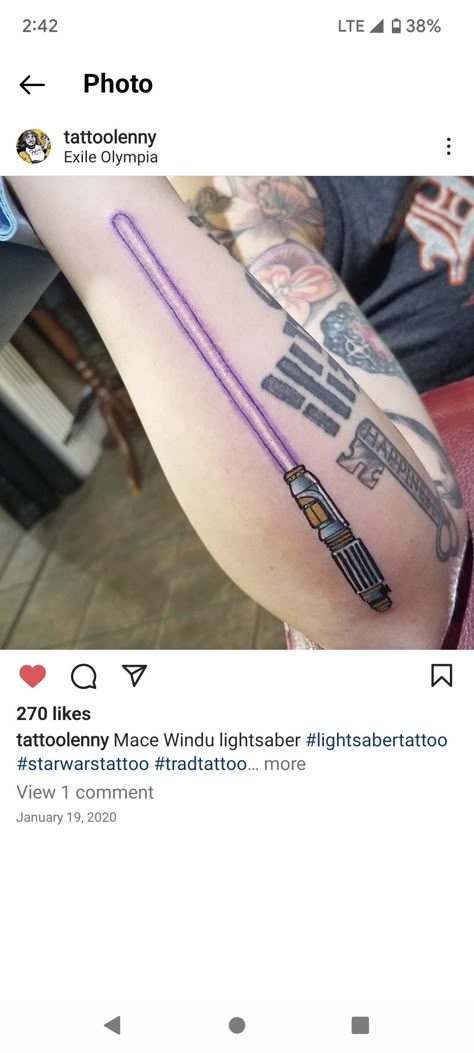 Finger Lightsaber Tattoo, Purple Lightsaber Tattoo, Mace Windu Lightsaber Tattoo, Mace Windu Tattoo, Light Sabors Tattoos, Lightsaber Tattoos, Mace Windu Lightsaber, Lightsaber Tattoo, Purple Lightsaber