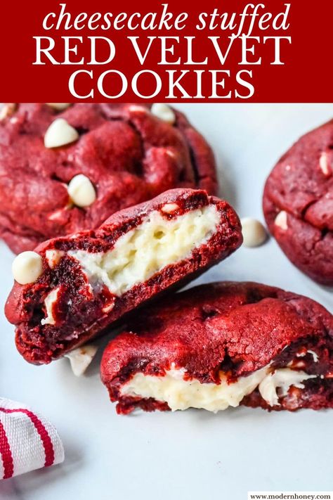 Cheesecake stuffed Red Velvet Cookies with white chocolate chips and a creamy cheesecake center are the perfect Christmas cookie. A vibrant red velvet cookie meets a creamy cheesecake center, with bursts of sweetness from white chocolate chips in every bite. Red Velvet Holiday Cookies, White Velvet Cookies, Cream Cheese Filled Red Velvet Cookies, Red Velvet Cheesecake Stuffed Cookies, Thick Red Velvet Cookies, Valentines Theme Desserts, Valentines Cookies Gluten Free, Red Velvet Cookies Stuffed, Red Velvet Filled Cookies