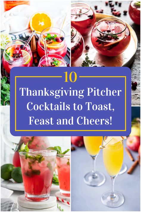 Collage of 4 thanksgiving pitcher cocktails. Friendsgiving Drinks Alcohol, Holiday Cocktails Thanksgiving, Friendsgiving Drinks, Pitcher Drink Recipes, Thanksgiving Recipes Drinks, Cocktail Recipes For A Crowd, Thanksgiving Punch, Holiday Drinks Alcohol, Thanksgiving Cocktail Recipes