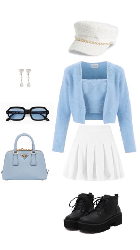 Sky Blue And White Outfit, Blue Kpop Outfit, Blue White Outfit, Blue And White Outfit, Blue Skirt Outfits, Blue And White Outfits, Cute Sporty Outfits, Disney Inspired Fashion, Black White Outfit