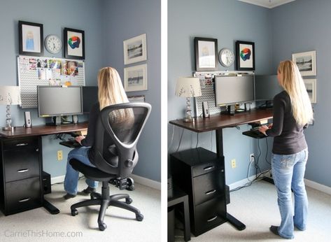 Diy Sit Stand Desk, Moving Desk, Sit And Stand Desk, Office Ergonomics, Sit To Stand Desk, Diy Standing Desk, Workspace Ideas, Cheap Office Furniture, Wand Organizer