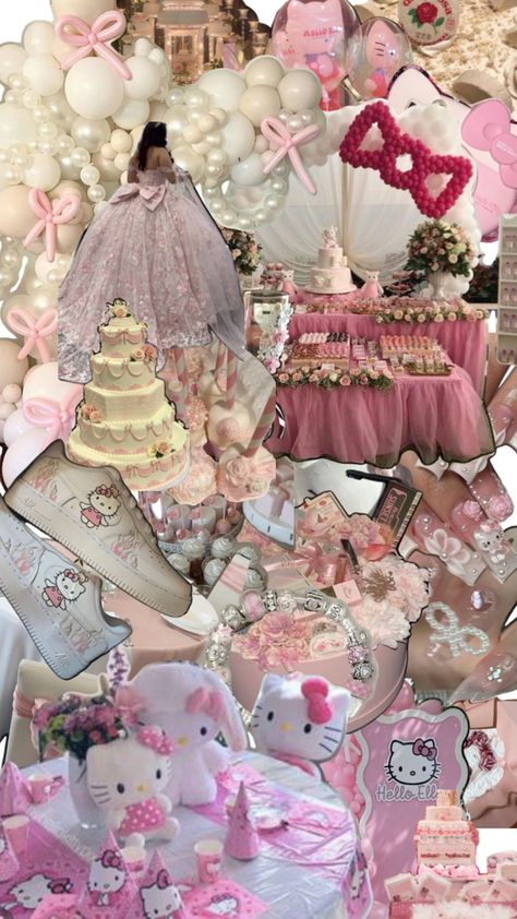 Quinceanera Pink Theme, Hello Kitty Quince, Pink Quince Theme, Quinceanera Dresses Gold, Hello Kitty Decorations, Quinceanera Pink, Quinceanera Themes Dresses, Pink Quince, Hello Kitty Themes