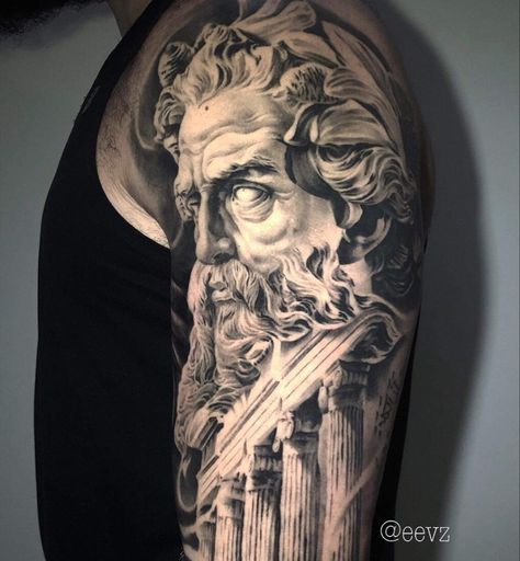 Cool Greek Tattoos, Zues Tattoo Forearm, Olympus Tattoo, Man Arm Tattoo, Man Tattoo Arm Sleeve Unique Designs, Half Sleeve Poseidon Tattoo, Greek Tattoos Poseidon, Zeus Tattoo Design, Poseidon Statue Tattoo