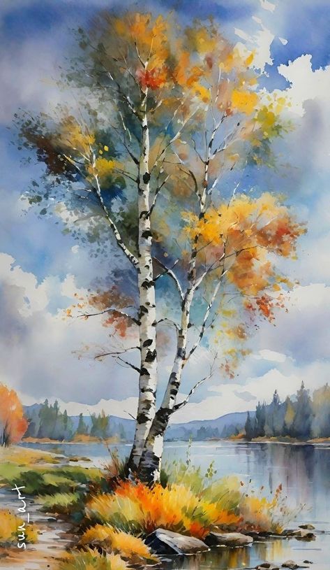 Watercolor Autumn Trees, Watercolor Trees Simple, Fall Tree Watercolor Painting, Tree Watercolor Painting, Birch Tree Art, Birch Tree Painting, Abstract Tree Painting, Gold Art Painting, Watercolor Paintings Nature