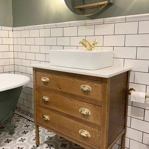 Bathroom Cabinet Upcycle, Wood Sink Bathroom, Summerhouse Bathroom, Wooden Vanity Bathroom, Bathroom Vanity Units Uk, Vanity Units Uk, Natural Wood Vanity, Timber Bathroom, Vintage Bathroom Vanities