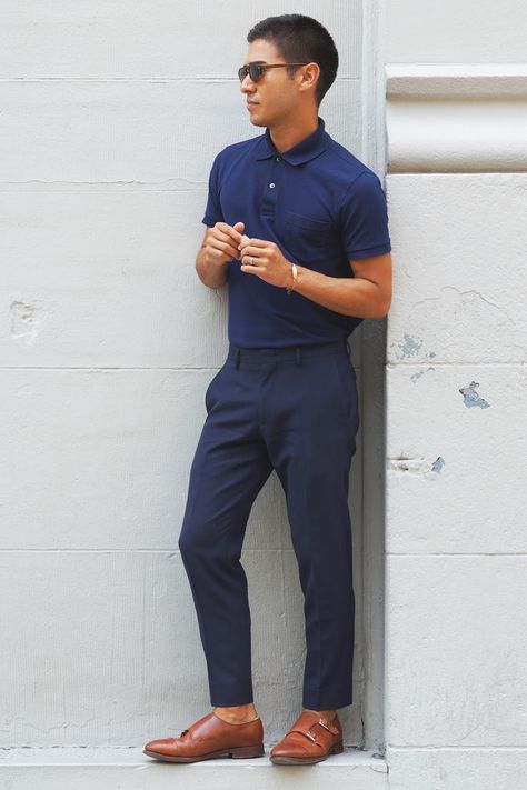 Navy polo + navy dress pants + brown double monk strap shoes Blue Polo Shirt Outfit Men, Navy Dress Shoes, Polo Outfit Men, Polo Shirt Outfit Men, Blue Pants Outfit, Navy Blue Dress Shirt, Dress Pants Outfits, Polo Shirt Outfits, Navy Blue Dress Pants