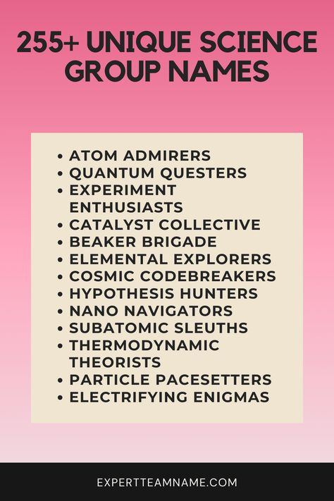 Do you find yourself spending more time trying to come up with a clever name for your science group or club than actually working on science projects? Naming things can be hard – especially when you want a name that perfectly captures the essence of your group’s brilliant minds. Group Names For School Project, Unique Name Ideas, Book Club Names, Group Names Ideas, Group Names, Science Puns, Name Covers, Group Name, Famous Scientist