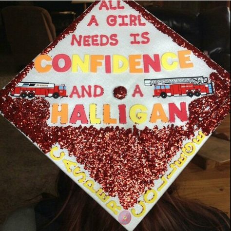 Graduation cap #femalefirefighter Graduation Cap Tassel, College Grad Cap Ideas, Graduation Cap Decoration Diy, High School Graduation Cap, Firefighter Emt, Grad Hat, Grad Cap Designs, Diy Graduation Cap, Cap Decoration