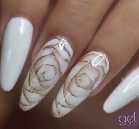 Nail Designs Pearl White, White Golden Nail Art, Nail Art Galleries, Nail Art Hacks, Accent Nails, Gel Nail Designs, Floral Nails, Nail Wraps, Blue Nails