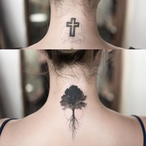 Neck Tattoo Cover Up, Tattoo Finder, Tattoo Ideas Female Back, Cover Up Tattoo Ideas, Up Tattoo Ideas, Tatuaje Cover Up, Cover Up Tattoos For Women, Best Cover Up Tattoos, Cross Tree